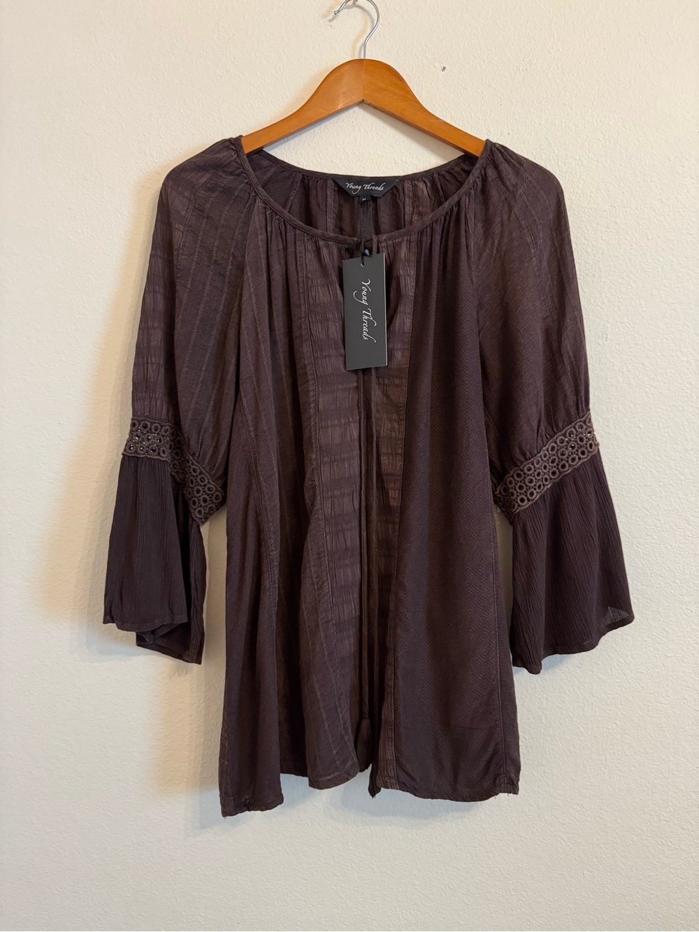 NWT Young Threads Brown Plum Peasant Tunic Boho Blouse M Top